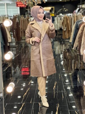 06-1108 Deri Yaka ve Manşet Peluş Kaban Camel