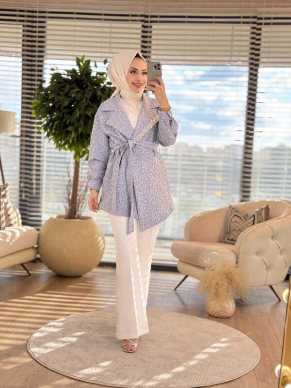 14-1151 Kabartma Desen Yaka Taşlı Ceket İndigo
