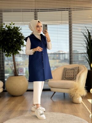 16-1098 Çiçek Kapitone Desen Çıtçıtlı Yelek Lacivert