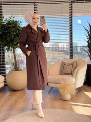 19-1113 Çiçek Kapitone Nakışlı Trenç Kahve