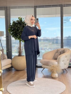 34319 Kesik Ve Büzgü Detaylı Takım Siyah