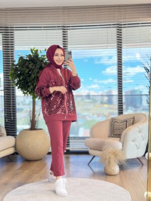 5567 Ön Ve Kol Pul İşlemeli Takım Bordo