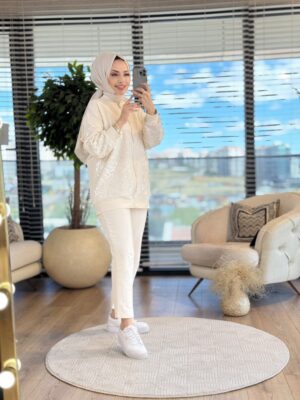 5567 Ön Ve Kol Pul İşlemeli Takım Ekru
