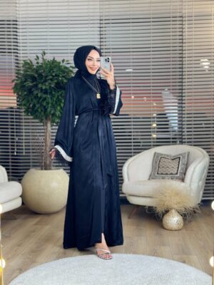 6142 Kol Uçları Taş İşleme Ve Tüy Detaylı Abaya Siyah