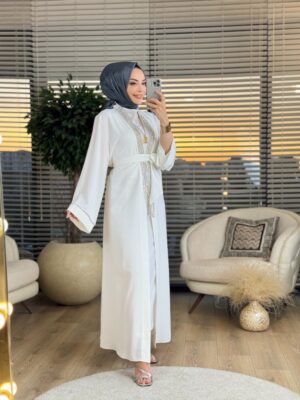 6166 Ön Sarkık Taş İşlemeli Abaya Ekru