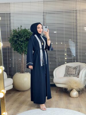 6166 Ön Sarkık Taş İşlemeli Abaya Siyah