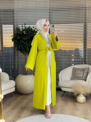 6166 Ön Sarkık Taş İşlemeli Abaya Yağ Yeşili