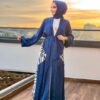 6169 Arka Desenli Garnili Abaya İndigo