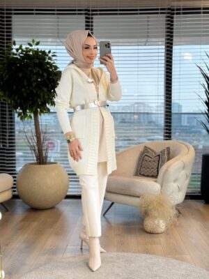 7029 Pirinç Örgü Kapşonlu Hırka Ekru