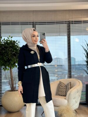 7029 Pirinç Örgü Kapşonlu Hırka Siyah