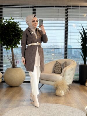 7029 Pirinç Örgü Kapşonlu Hırka Vizon