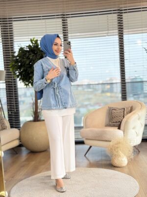 7247 Kot Yandan Bağlamalı Taş İşlemeli Ceket Mavi