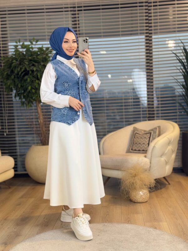 7249 Ön Çiçek Nakışlı Kot Yelek Koyu Mavi