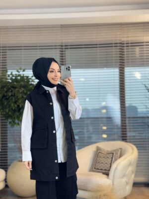 7286 Ön Büyük Cepli Kot Yelek Siyah