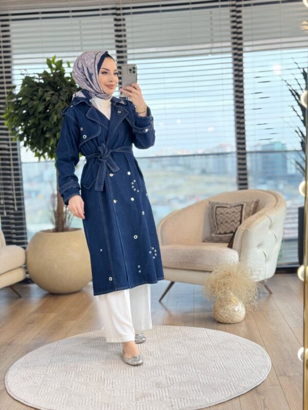 7303 Üstü Zımba Detaylı Kot Trenç Lacivert