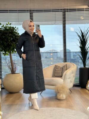 7619 Bel Parça Detaylı Ön Fermuarlı Kaban Siyah