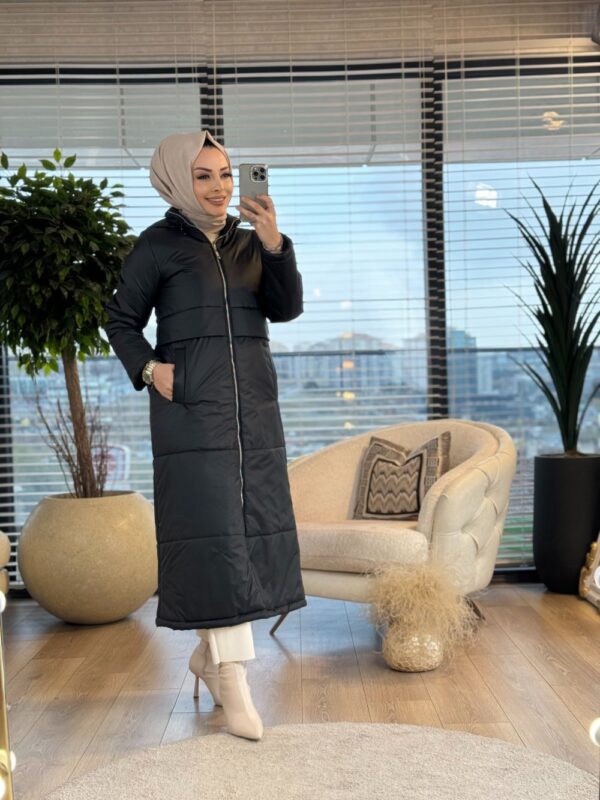 7619 Bel Parça Detaylı Ön Fermuarlı Kaban Siyah