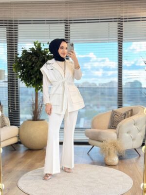 9246 Omuzları Dal Desenli Yelek Ekru