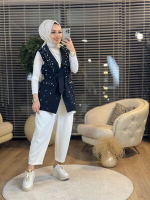 9249 Üstü İnci İşlemeli Yelek Siyah