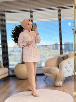 9251 Kapitone Üstü Varak Baskı Fermuarlı Kap Taş