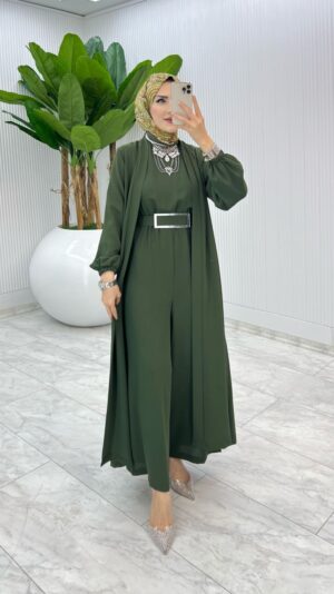 Haki Premium Silva Tulumlu Abaya Takım Tesettür Giyim