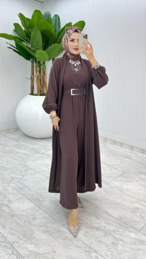 Kahve Premium Silva Tulumlu Abaya Takım Tesettür Giyim