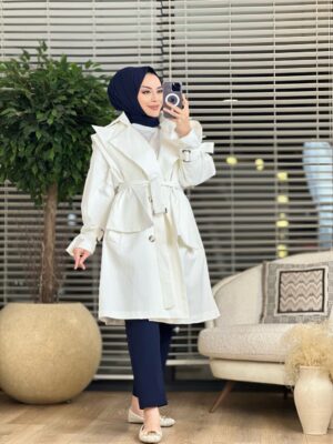 MY-6036 Takma Yakalı Trenç Ekru