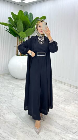Siyah Premium Silva Tulumlu Abaya Takım Tesettür Giyim