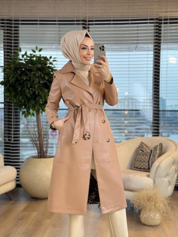 19-1081 Deri Altı Düğme Trenç Camel - Görsel 2