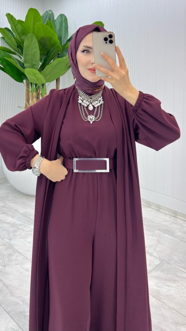Bordo Premium Silva Tulumlu Abaya Takım Tesettür Giyim - Görsel 2