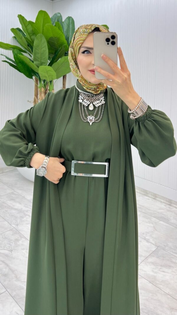 Haki Premium Silva Tulumlu Abaya Takım Tesettür Giyim - Görsel 2